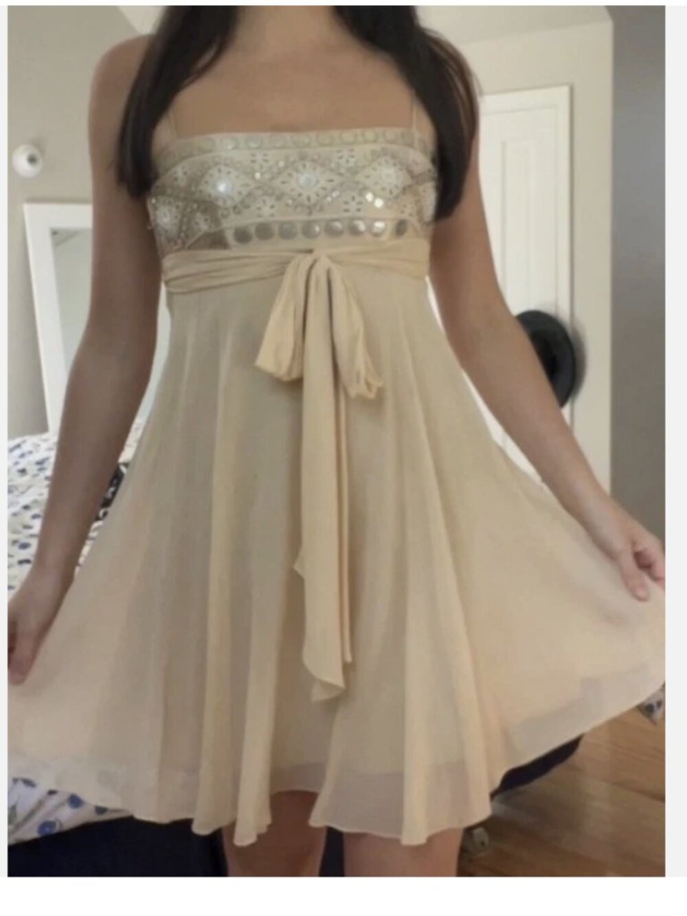 BCBGMaxazria Y2K Beige & Cream Silk Embellished Baby Doll dress Tie Waist Size 6